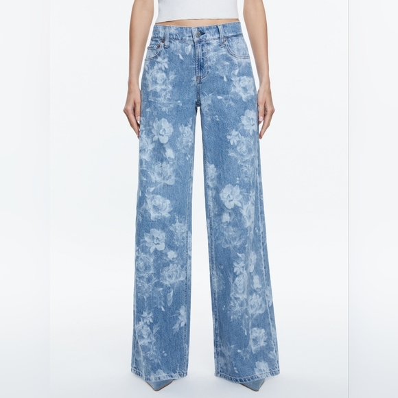 Alice + Olivia TRISH LOW RISE BAGGY JEAN In Lotus Floral Women's 31 Blue White. - Picture 13 of 13